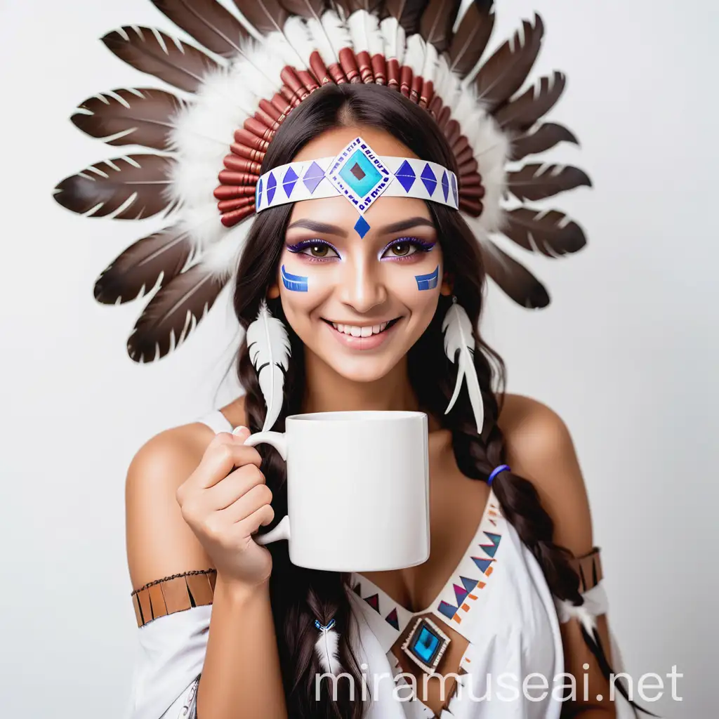 beautiful girl with light makeup cosplay Indian Iroquois with feathers smiling with a square white mug on a white background