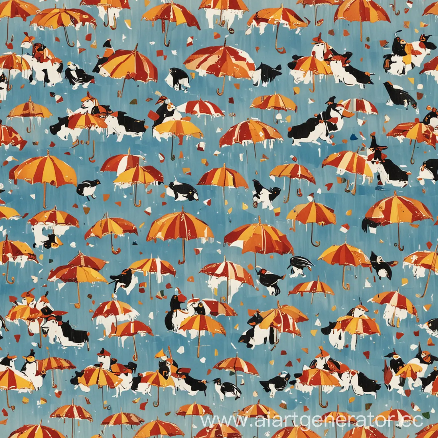 Флаг состоит из разноцветных диагональных полос, изображающих летающих коров и пингвинов с зонтиками.
