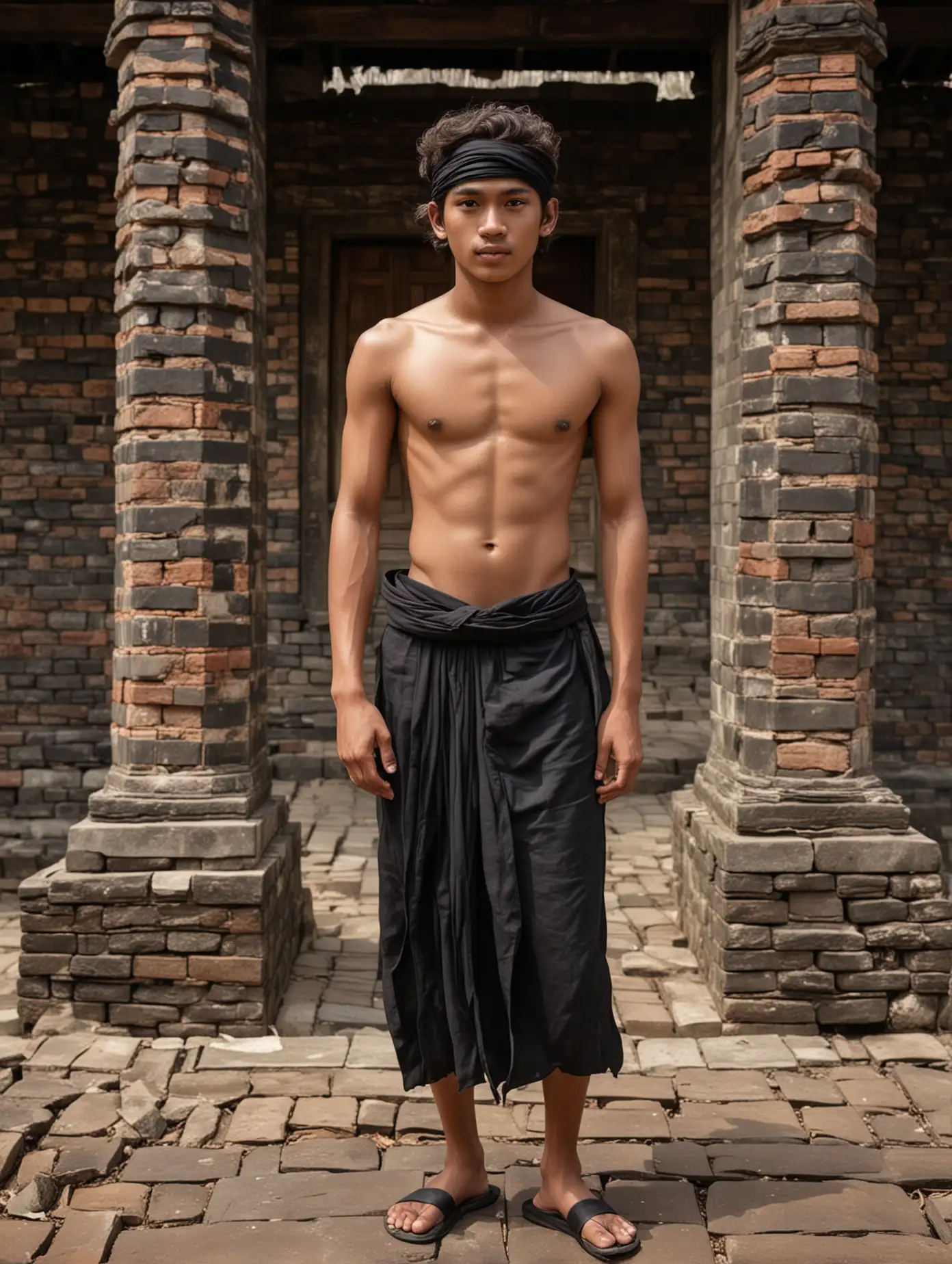 17 year old Indonesian man with dark skin, wavy hair, shirtless, wearing a long black Indonesian cloth, wearing black sandals, bare-chested, wearing a black traditional Indonesian headband, in a compound of Indonesian brick temple houses