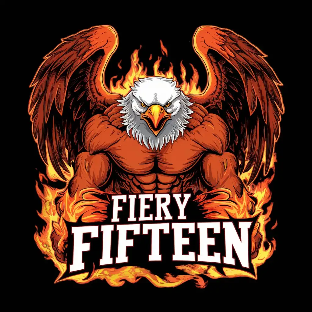 Fierce Eagle with muscular body and spread wings and Fiery Fifteen written below