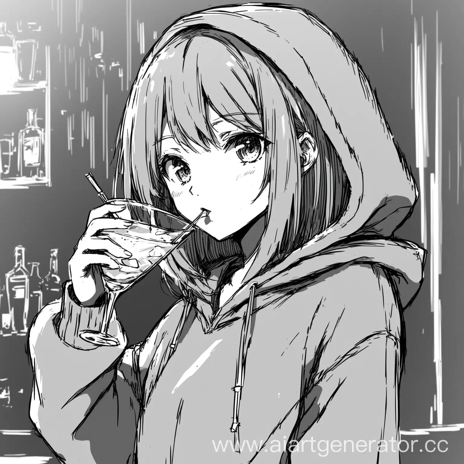 Скетч девушка аниме в худи пьет коктейль 