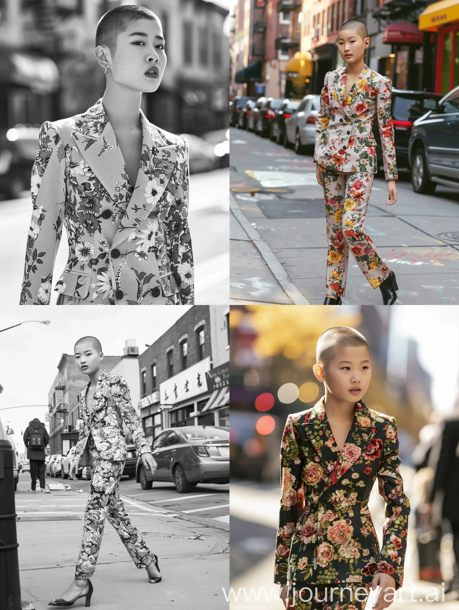 Stylish-Asian-Girl-in-Floral-Suit-Strutting-Down-City-Street