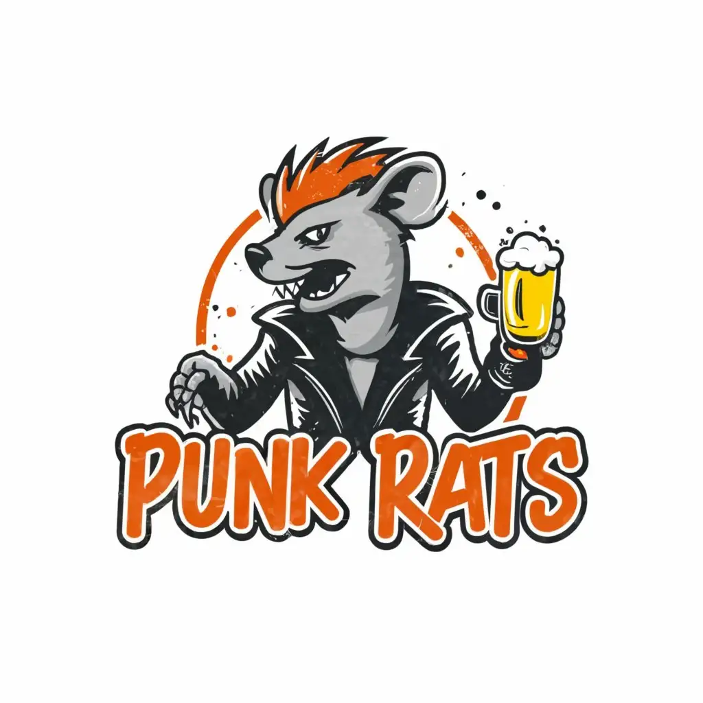 a logo design,with the text "PUNK RATS", main symbol:A rat dressed in punk attire, holding a beer,Moderate,be used in Sports Fitness industry,clear background