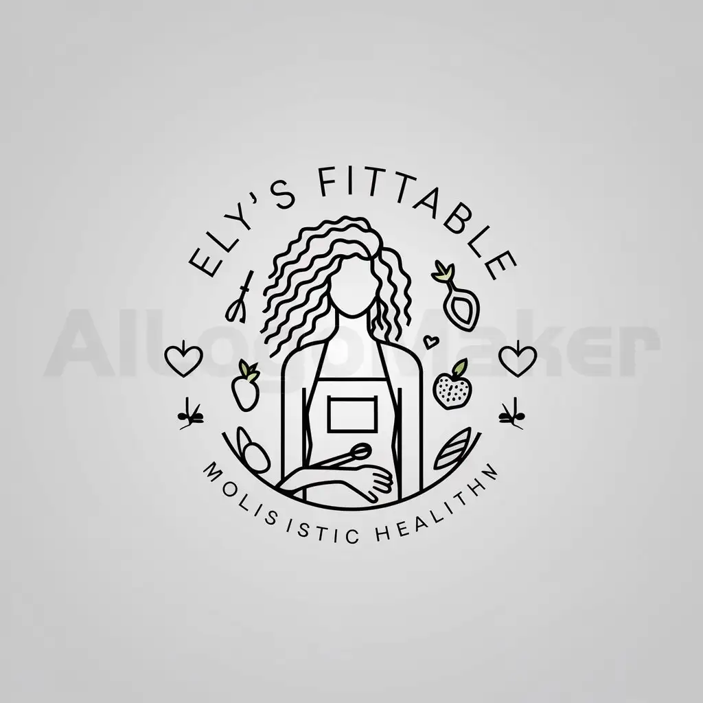LOGO-Design-for-Elys-FitTable-Minimalistic-CurlyHaired-Woman-with-Kitchen-Apron-and-Holistic-Health-Elements