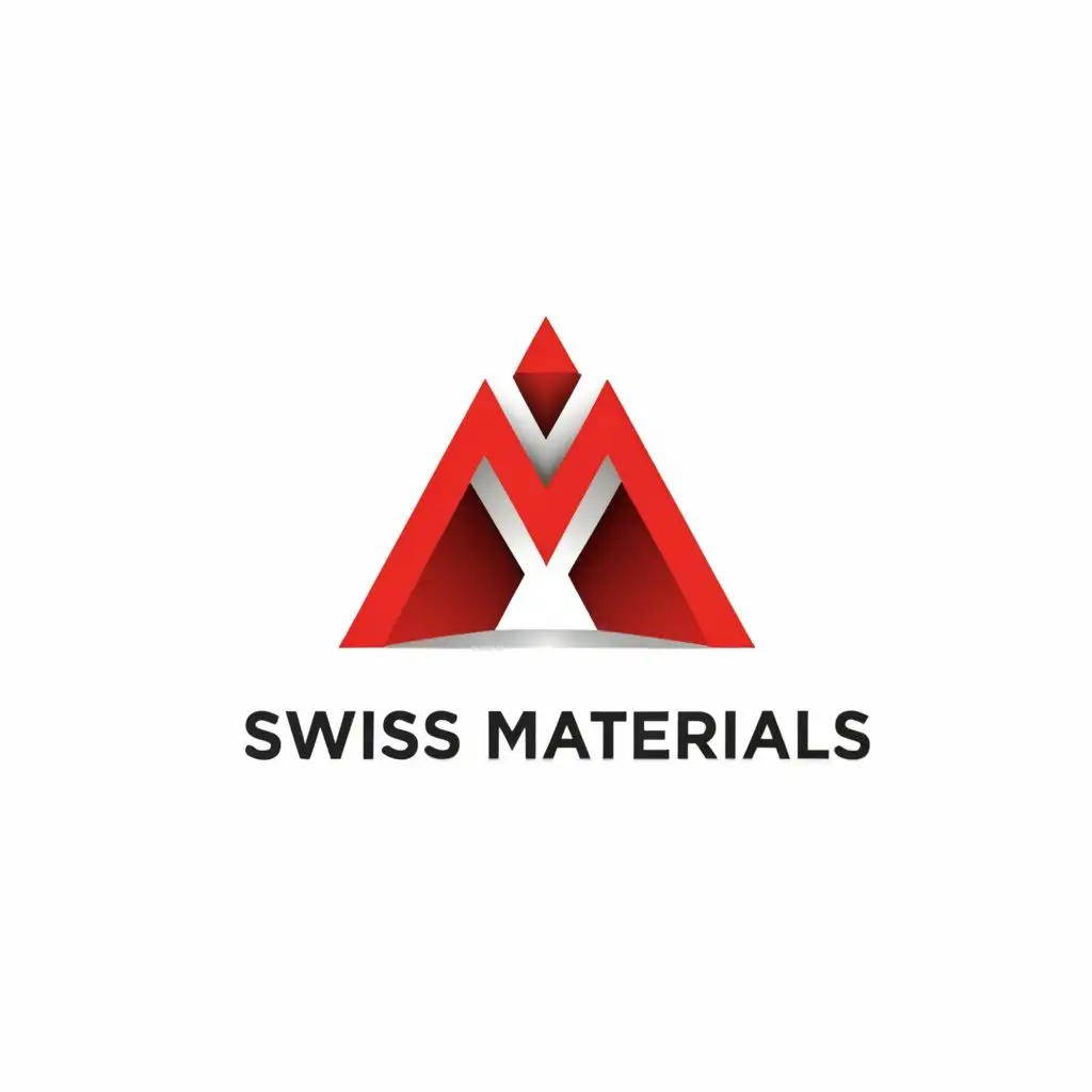 a logo design,with the text "Swiss materials", main symbol:Letter m mixed with 3 D pyramid color red and white,Moderate,be used in Internet industry,clear background