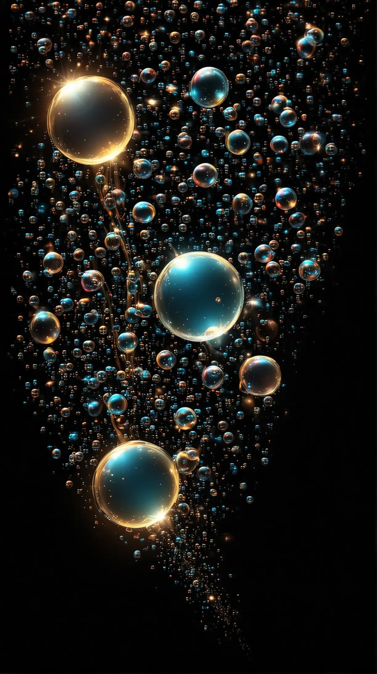 Glowing background with bubbles and stars BUBBLES ISOLATED ON BLACK glowing BACKGROUND