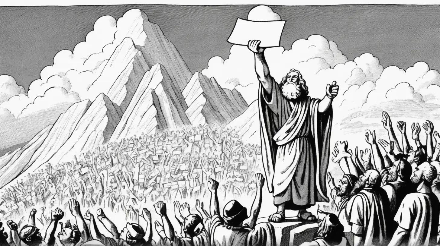 Moses on Mountain Blank Paper Proclamation Amid Journalist Frenzy