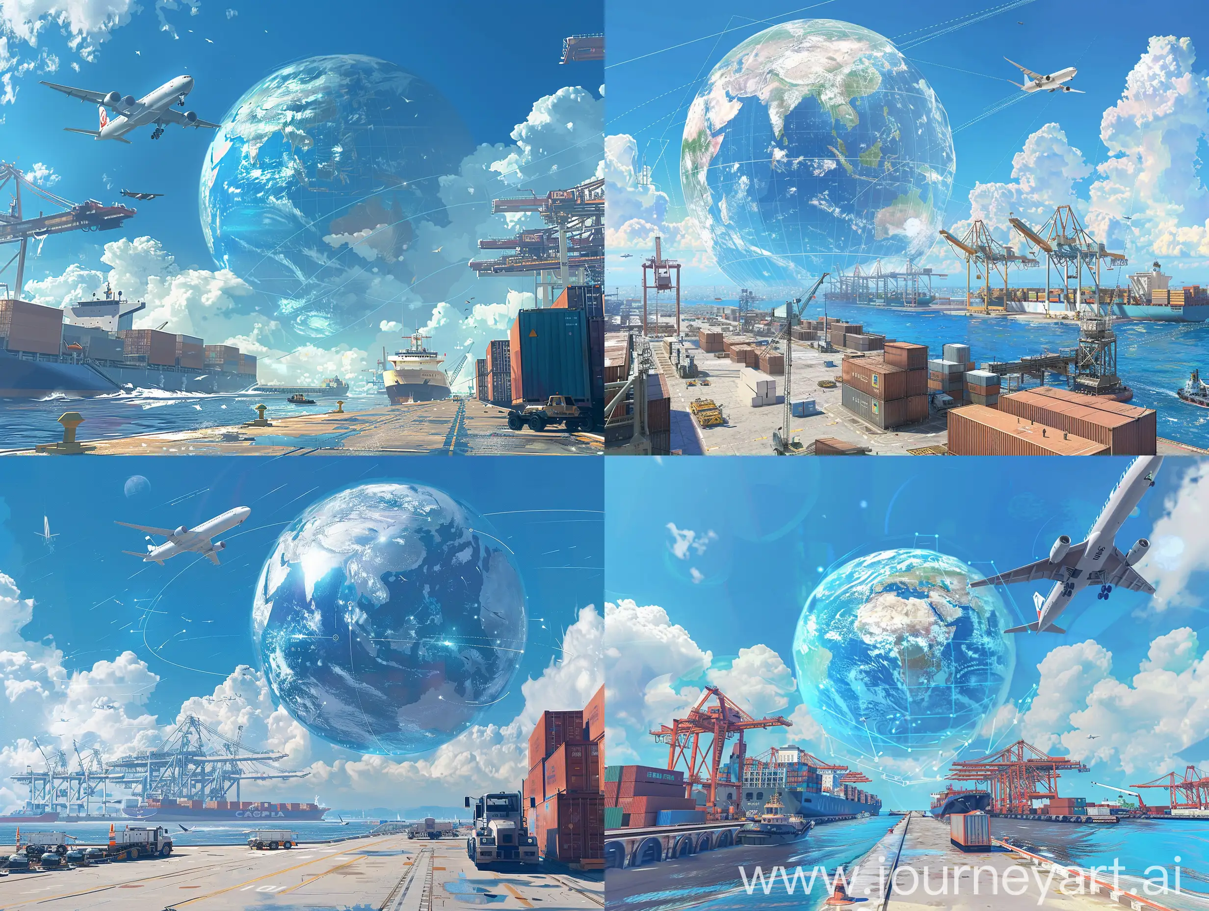 Port scene on a nice sunny day, blue sky, a big transparent globe with light blue trade lines in the background center, a big white airplane flying around the globe, a big cargo ship on the ocean and containers along with port equipment on the ground. Make it ultra-realistic and blend everything seamlessly