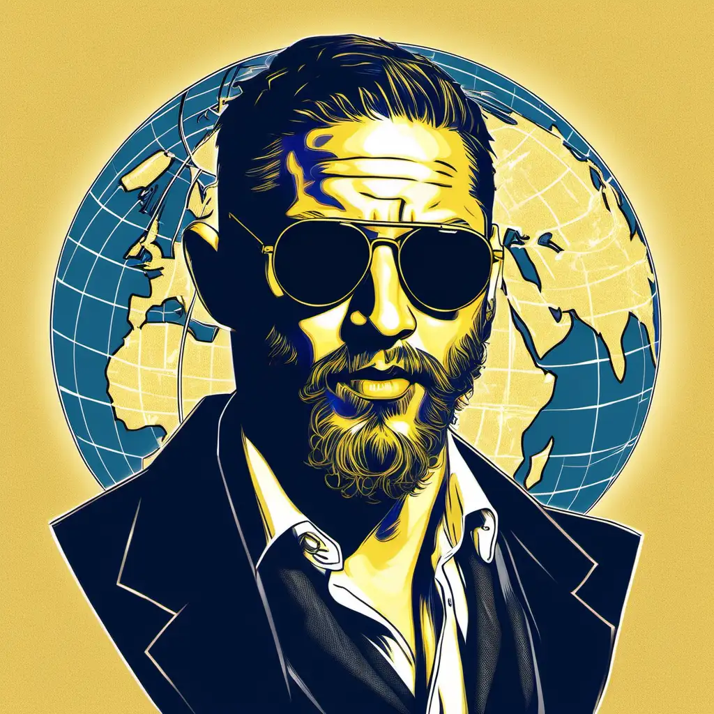 Tom Hardy Holding Golden Globe with Blue Light Aura and Sunglasses