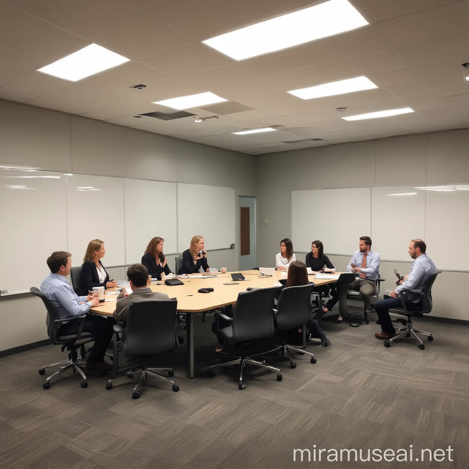 create an intervention meeting room with no table where people from different department are attending. Create IT, safety engineer, automation engineer, legal, HR, communication department head all sitting discussing topics
