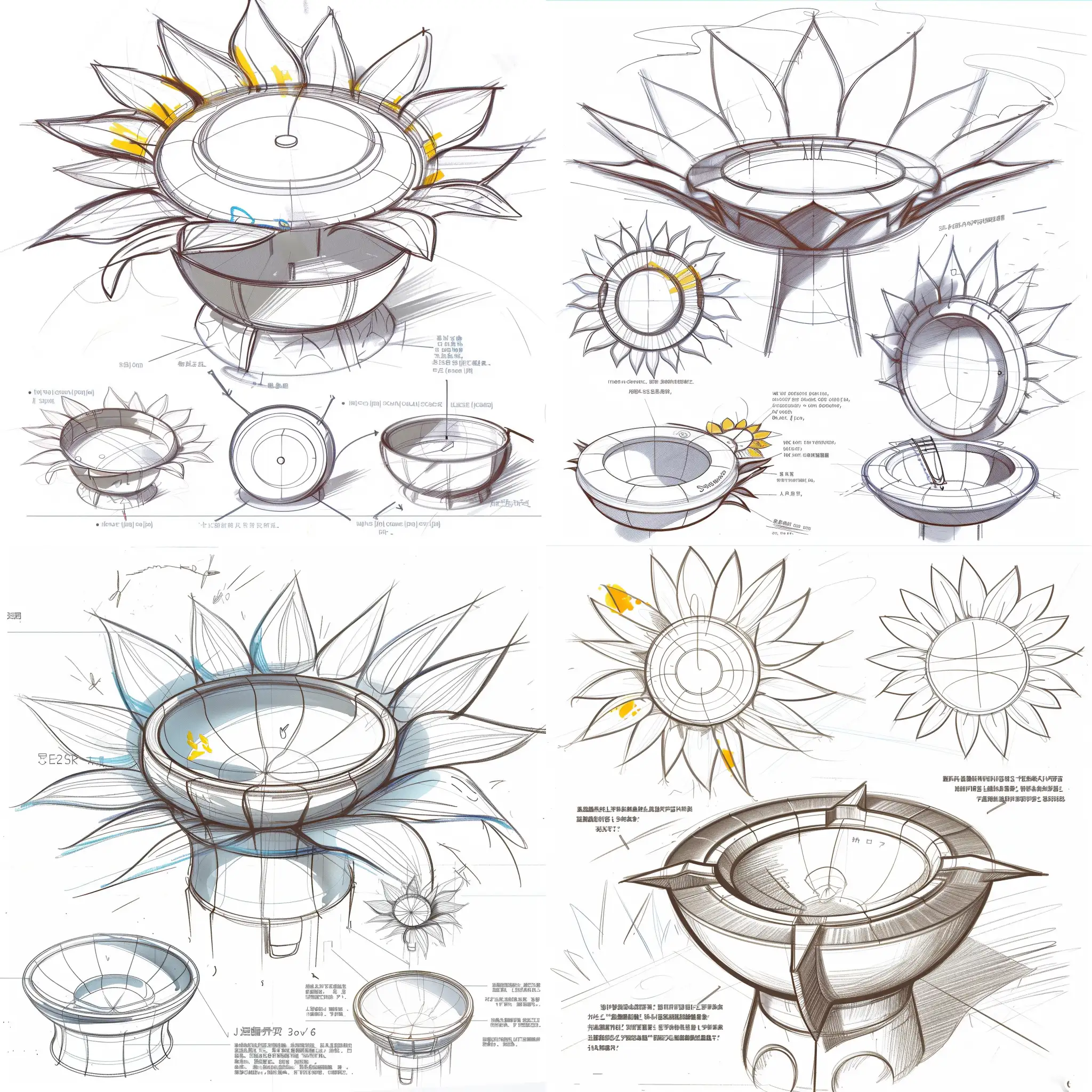 Product design, children's water drive bowl design, small and cute portable, design sketch scheme, hand-drawn sketch, line draft, drawing reference, product design sketch, white background, front view, side view, rear view, drawings from different angles, each scheme should present the modeling source and intention, detailed drawing, explosion diagram, use scene diagram, human-computer interaction diagram, without color
The shape of the sunflower is extracted, not too concrete, you can abstract a little, design children's water insulation bowl, small and cute, product design sketch, simulate the characteristics of sunflower, petals are solar version, usually close to the lid of the bowl, in outdoor use, separated from the bowl cover, spread into a ring, absorb solar energy, auxiliary insulation cute and round, easy to carry