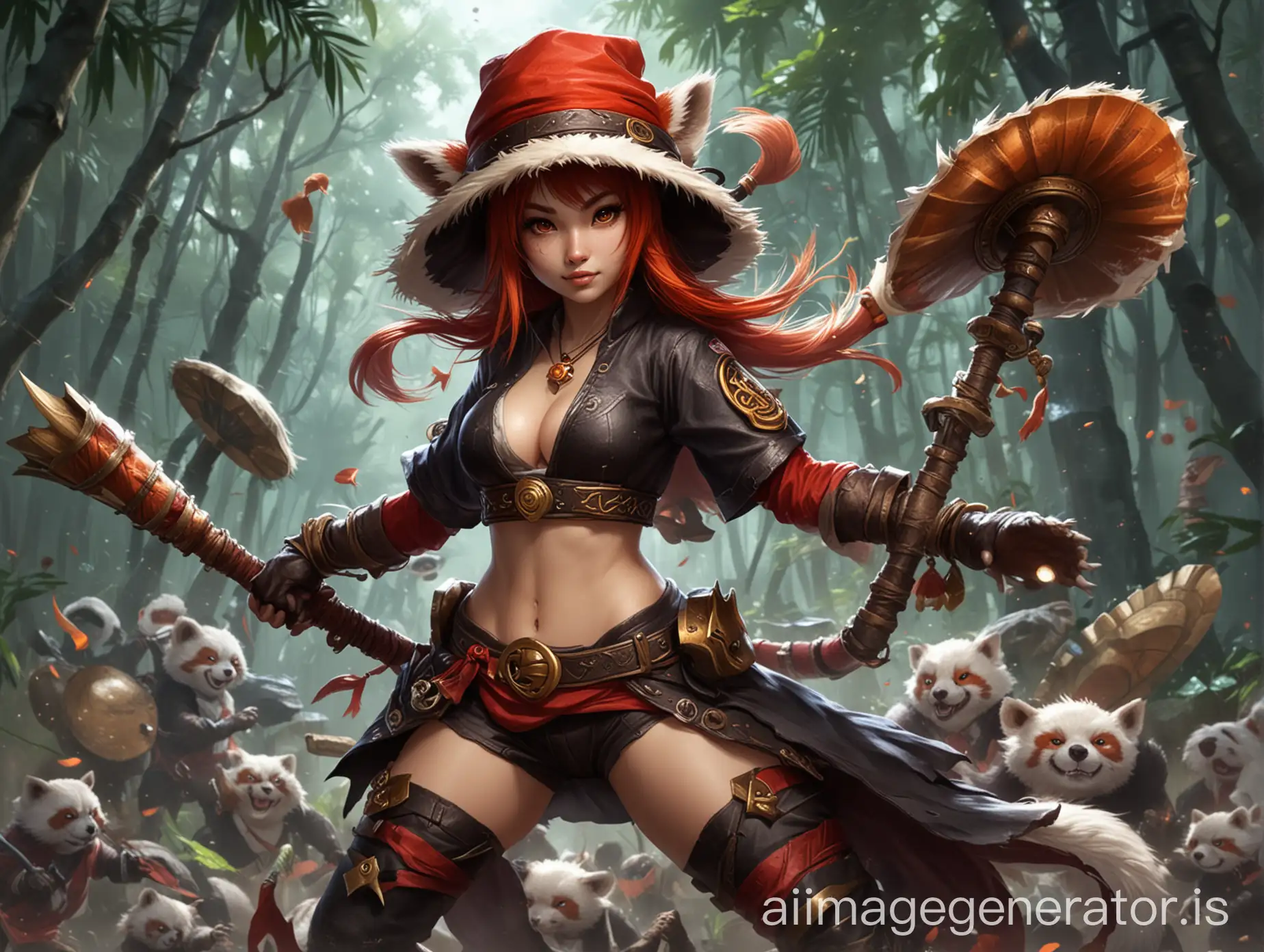 leauge of legends champion and her skill is based on yin and yang. she needs to be red panda character with a conical vietnam hat. Around her yin and yang logo needs to be there. Age 20.