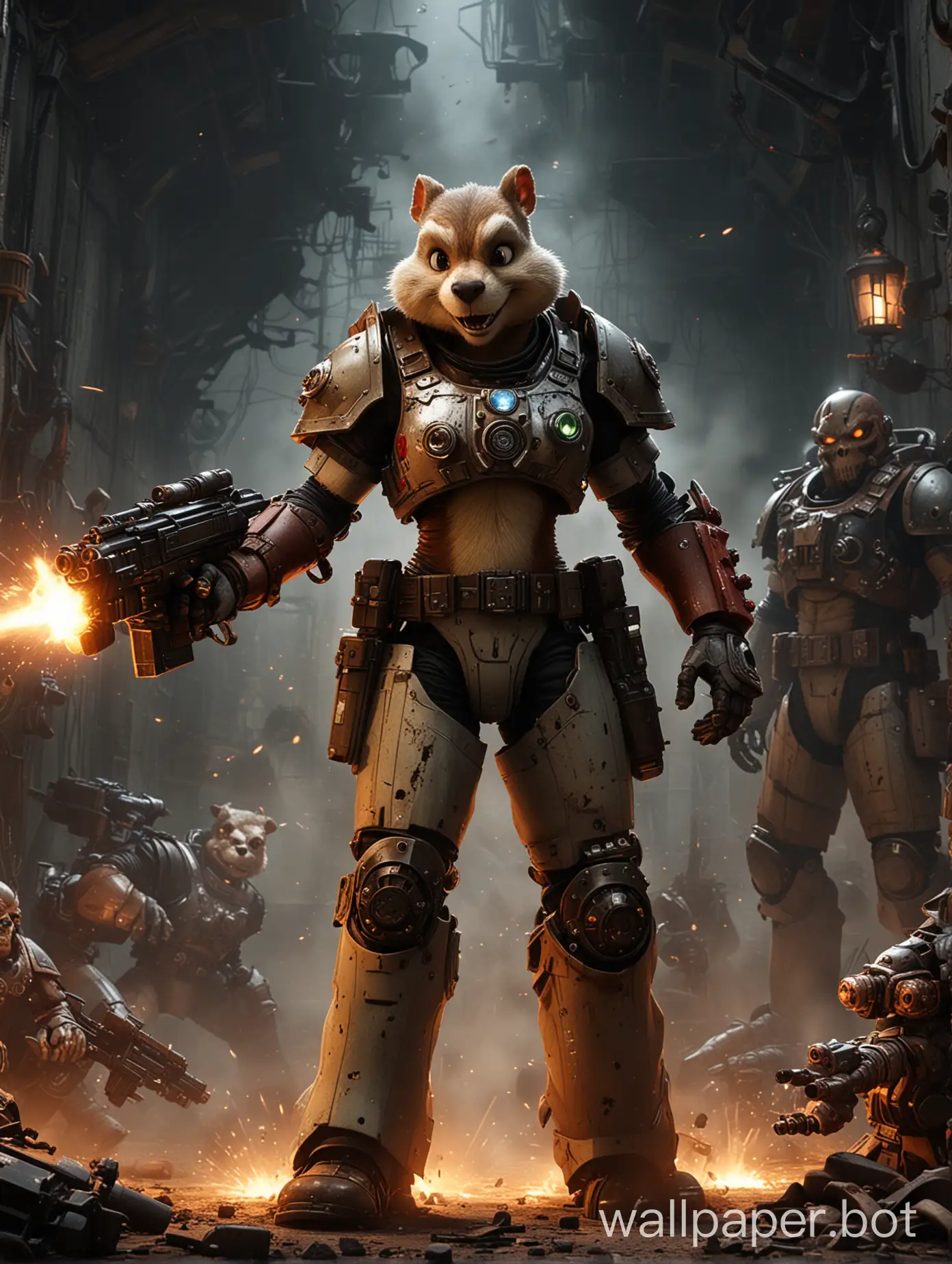 Chip and Dale, gadget_hackwrench, Warhammer 40K, science fiction, no humans, weapon, sparks, space marine armor, (horror) war setting with gunfire, dark atmosphere, full body, warhammer 40000