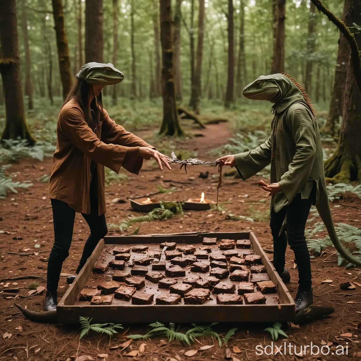 Two friends performing rituals in the forest while dancing around a tray of brownies and there are many lizards