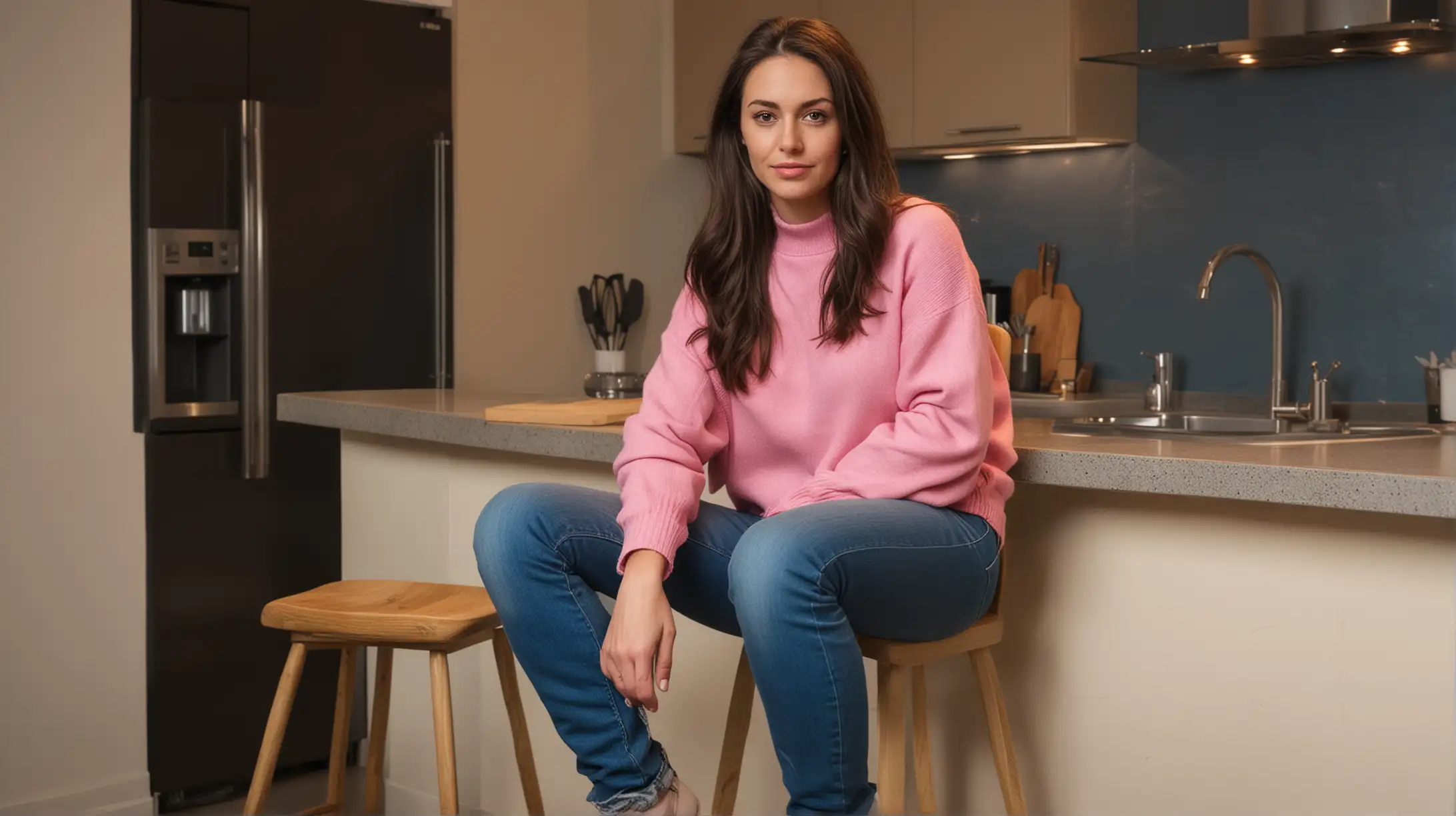 30 year old white woman with long dark brown hair, wearing a pink sweater and blue jeans, sitting on a stool, modern apartment kitchen, urban high rise background at night