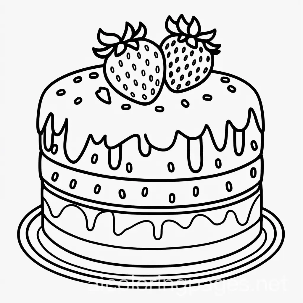 A kawaii and simple strawberry cake, hand drawn , Coloring Page, black and white, line art, white background, Simplicity, Ample White Space. The background of the coloring page is plain white to make it easy for young children to color within the lines. The outlines of all the subjects are easy to distinguish, making it simple for kids to color without too much difficulty