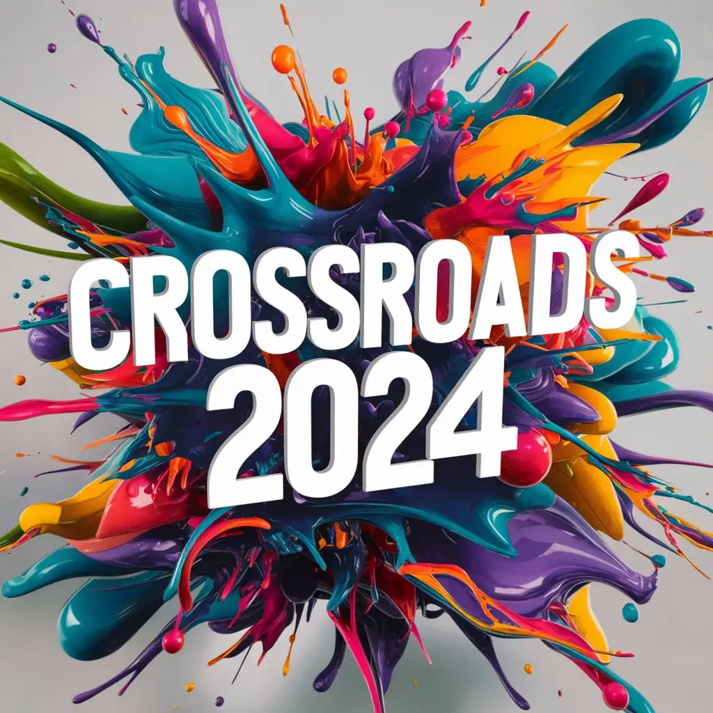 A beautiful and vibrant poster featuring the text 'Crossroads 2024' written in a modern, stylized font. The names are surrounded by a myriad of colorful 3D painting splashes, creating an abstract and eye-catching design. Fashion, anime, illustration, painting, vibrant, 3d Render, typography, poster