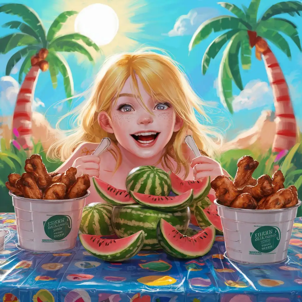Blonde girl eating from a table filled with watermelons and buckets of chicken wings. She is so happy
