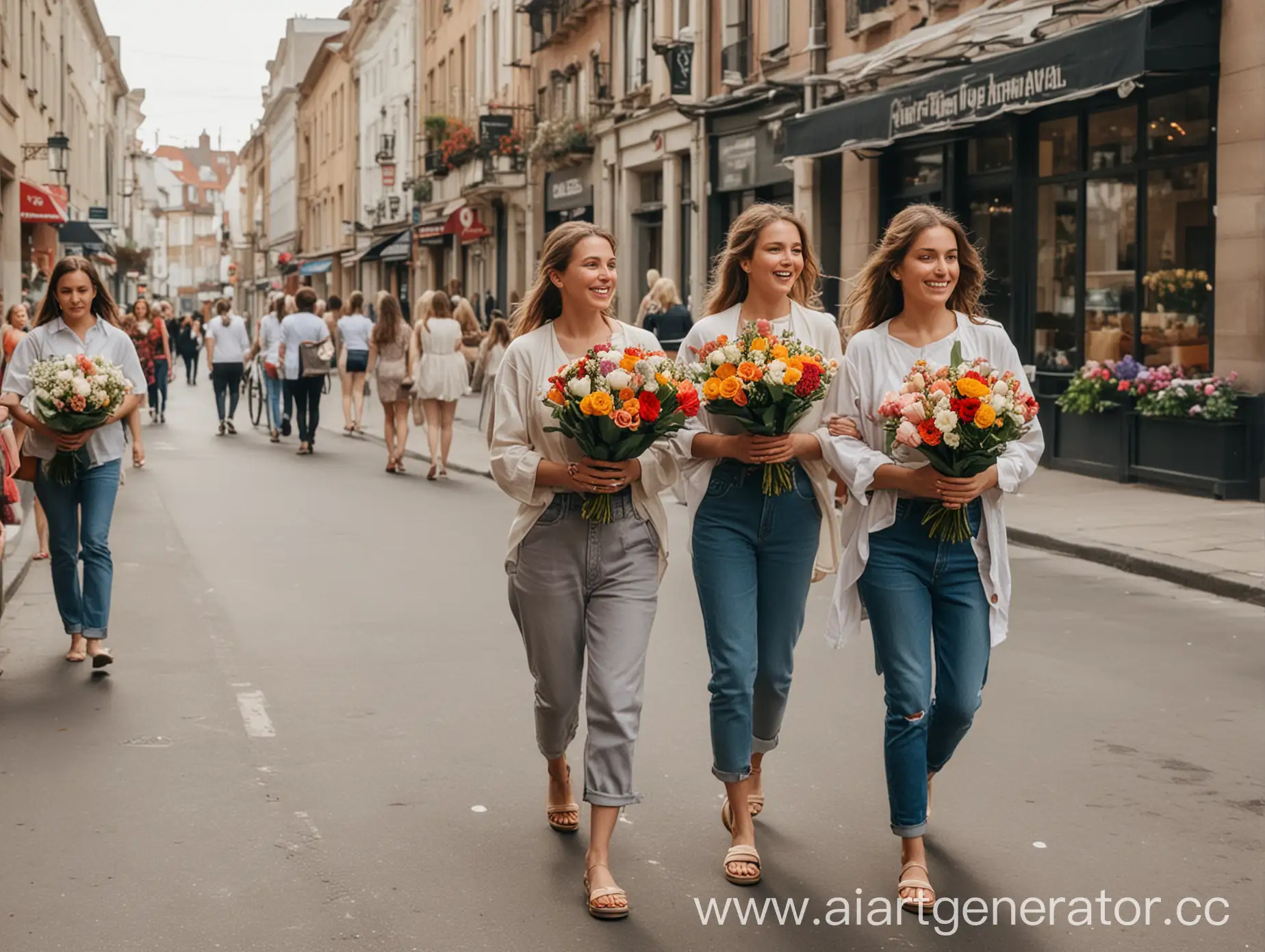 Женщины идут по улице с букетами цветов в руках
