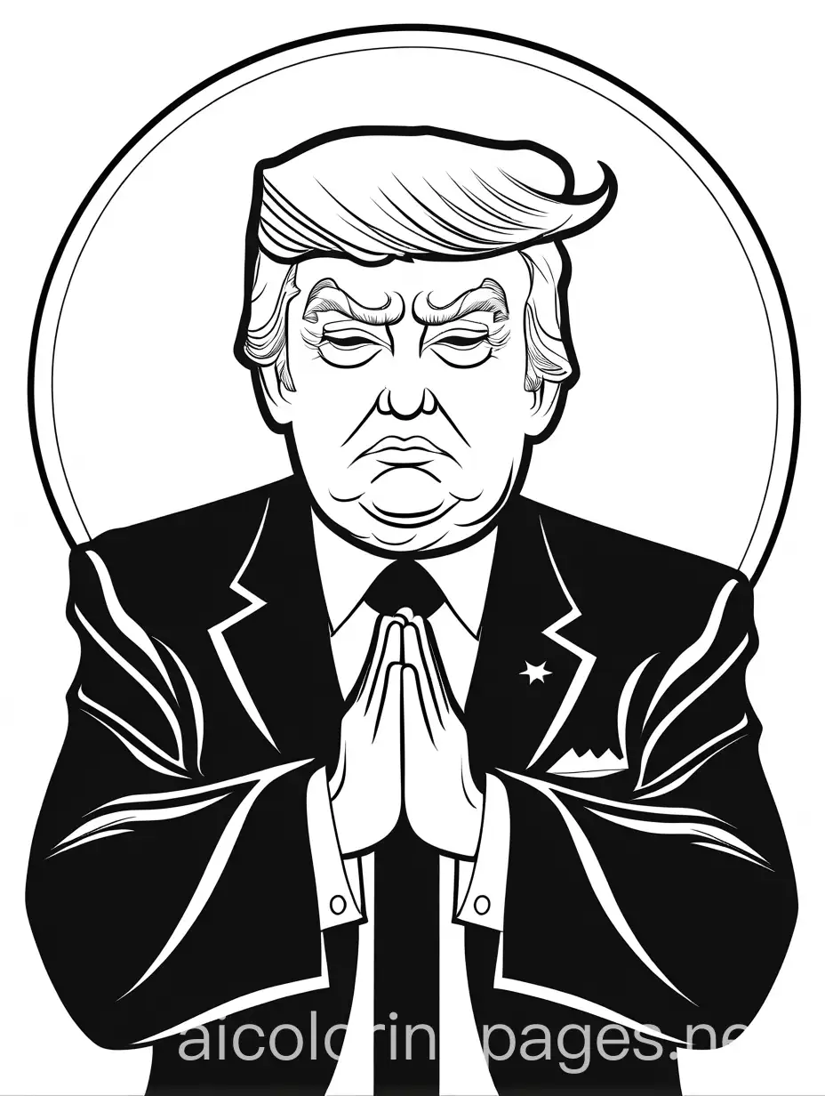 cartoon caricature of donald trump praying, Coloring Page, black and white, line art, white background, Simplicity, Ample White Space