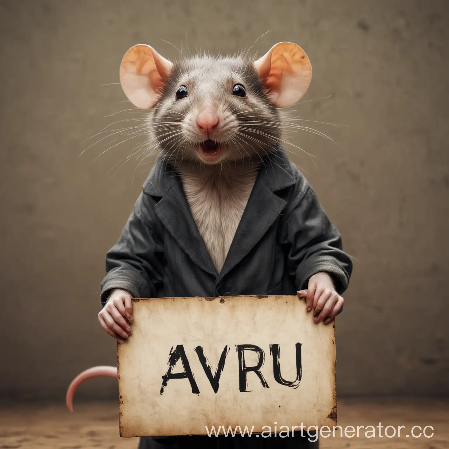 a cunning and arrogant rat with a sign in his hands that says avru