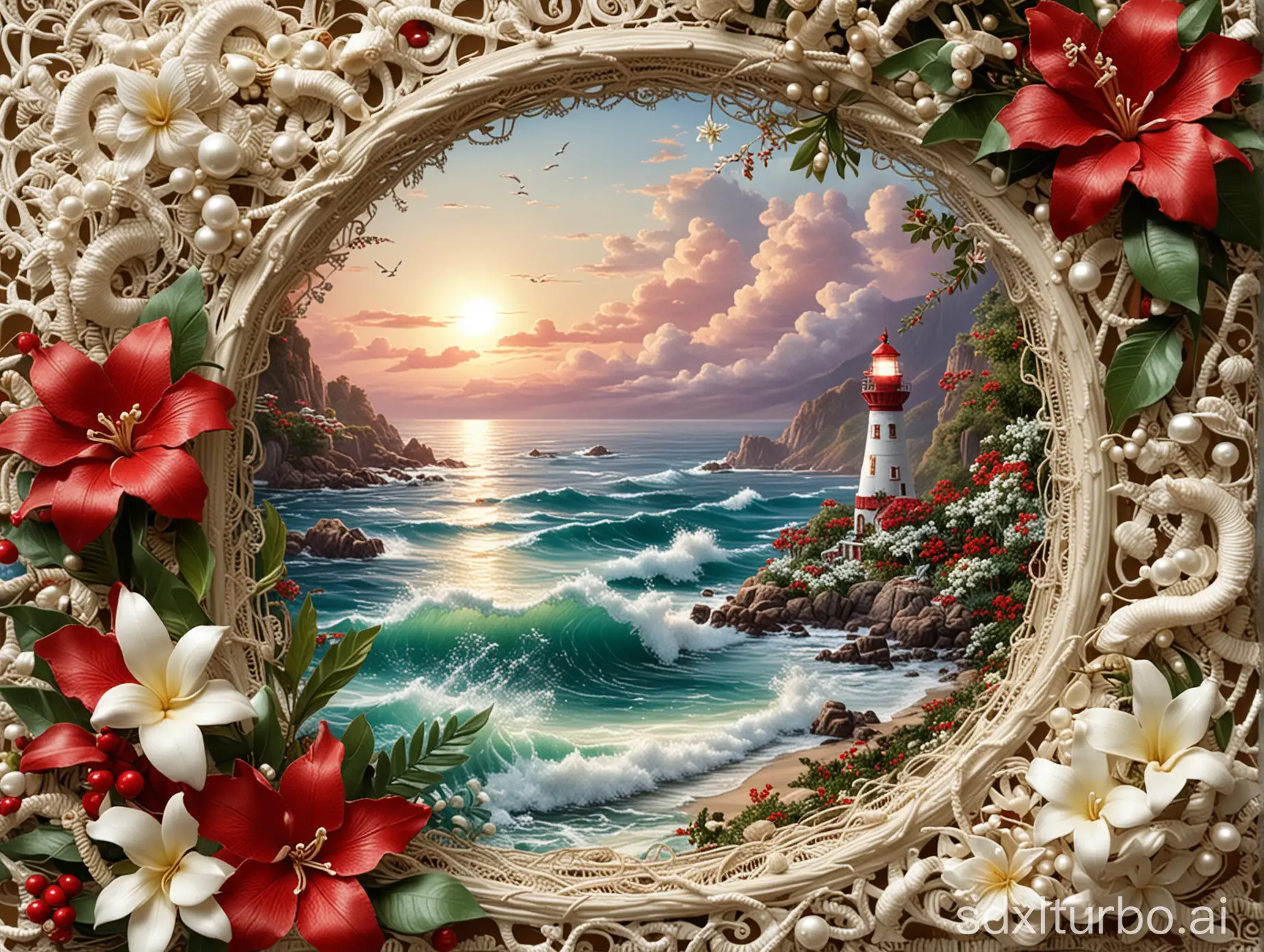 exquisite vintage scrapbook, white lace filigram page, inside a frame a wonderful beautiful red and white spiral lighthouse, surrealist, lovely lush island, lit top, wavy ocean,  ethereal fantasy concept by thomas kinkade , on frame marine motifs 3D, ropes 3D, plumerias flowers 3D lace filigram 3D and 3D sakuras, leaves, plumerias flowers, holly berries 3D,  ropes and sea shells, pearls : not cropped off; 24k masterpiece; 3d; not cut off;
