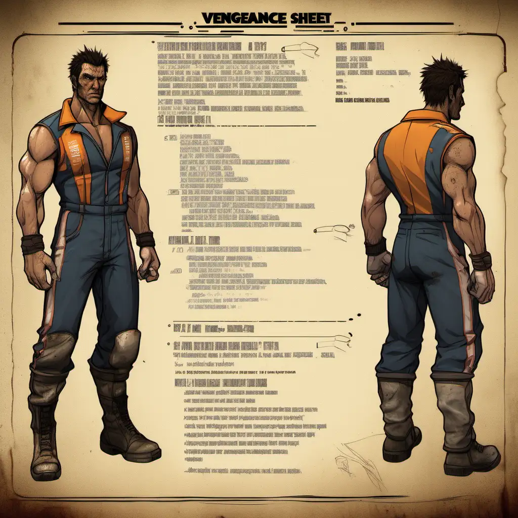 Character Sheet,  a tall, muscular man with a rugged appearance. He has short, unkempt hair and a five o'clock shadow. His face bears the scars of past battles, hinting at a troubled past. He wears a torn and faded racing jumpsuit, adorned with patches and logos from his glory days. His eyes burn with determination, reflecting his desire for vengeance.