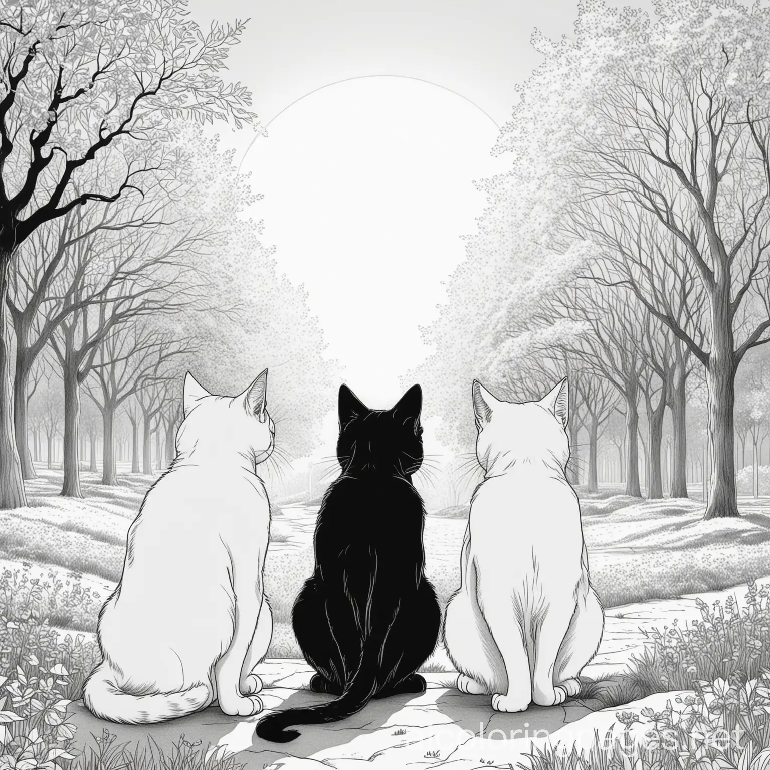 cats in a park looking in the sun set, Coloring Page, black and white, line art, white background, Simplicity, Ample White Space