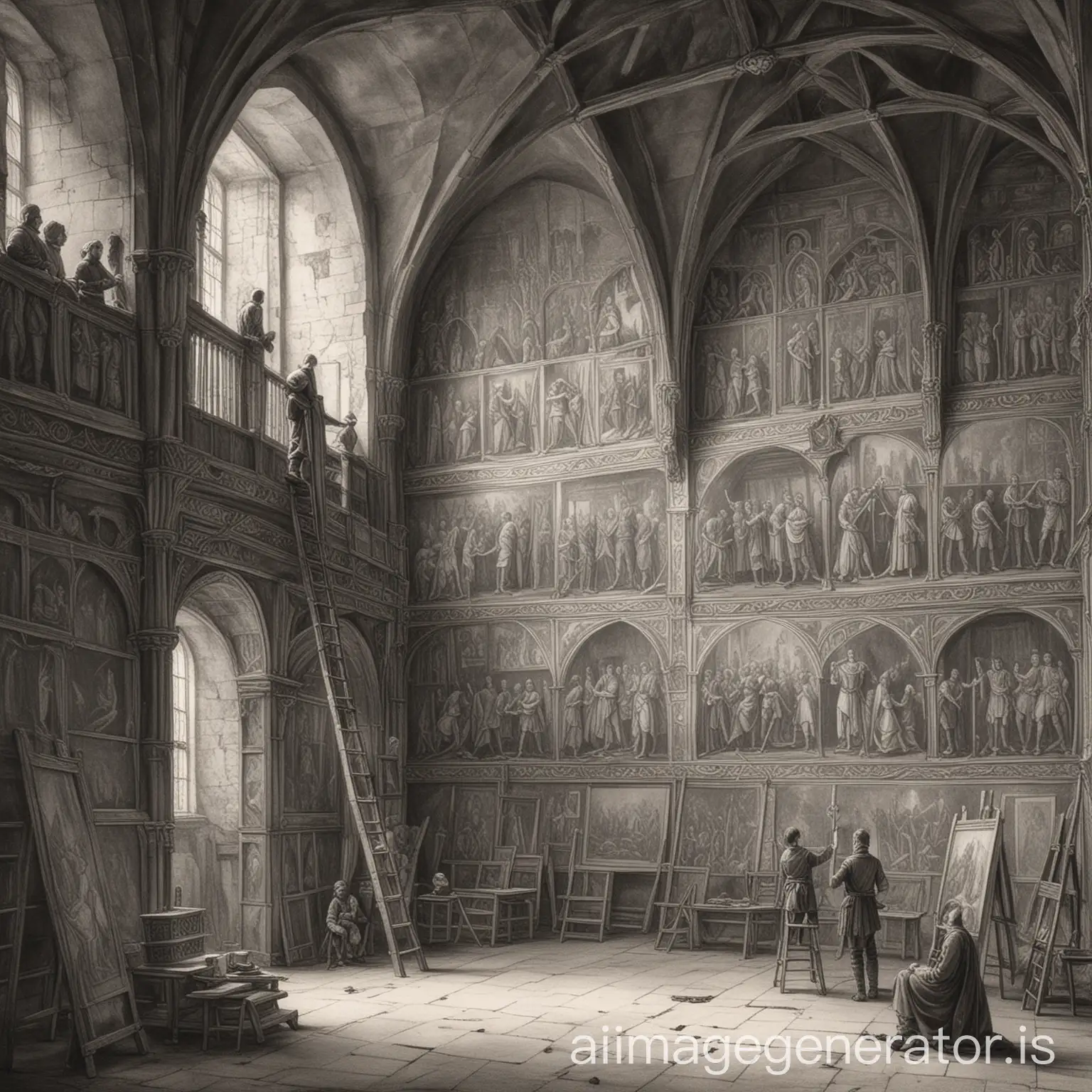 A black and white pencil sketch of  a medieval royal hall with a painter painting a wall while standing on a ladder