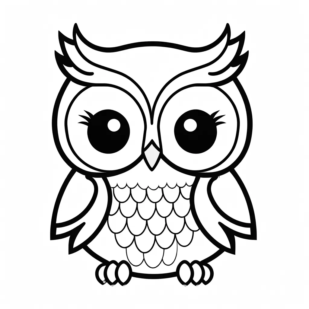 cute simplistic girly baby owl; front view, Coloring Page, black and white, line art, white background, Simplicity, Ample White Space