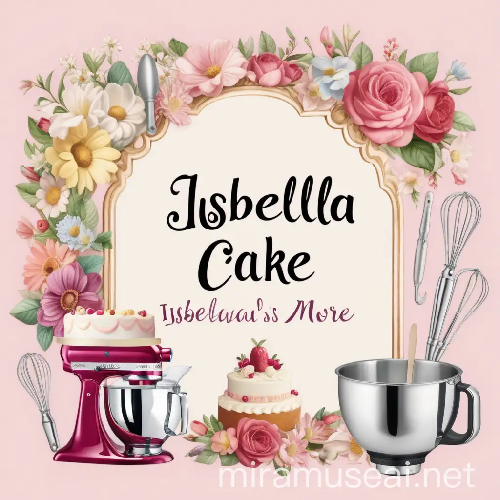 A flower frame background with a cake mixer and some cake instrument inside with the name Isabella's cake and more 