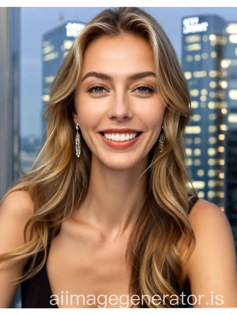 beautiful elegant european blonde  girl 27 years old  look direct to camera wearing Armani  classical casual smiling  and  sitting  business lounge balcony London City skyscraper top floor to sunrise urban view in windows