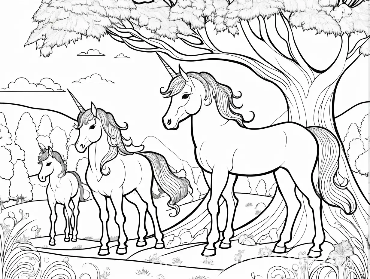 Create a black and white line drawing suitable for a coloring page for young children. The image should depict a happy young girl playing with cute, small unicorns near a large, friendly-looking tree. The girl should have a big smile and bright eyes, and be in a playful pose, such as reaching out or giggling at the unicorns. The unicorns should be small, adorable, and magical with flowing manes and little horns. The tree should be tall with lots of leaves, and the ground should have soft grass and little flowers. The overall scene should be cheerful and enchanting, with clear and simple outlines for easy coloring., Coloring Page, black and white, line art, white background, Simplicity, Ample White Space.