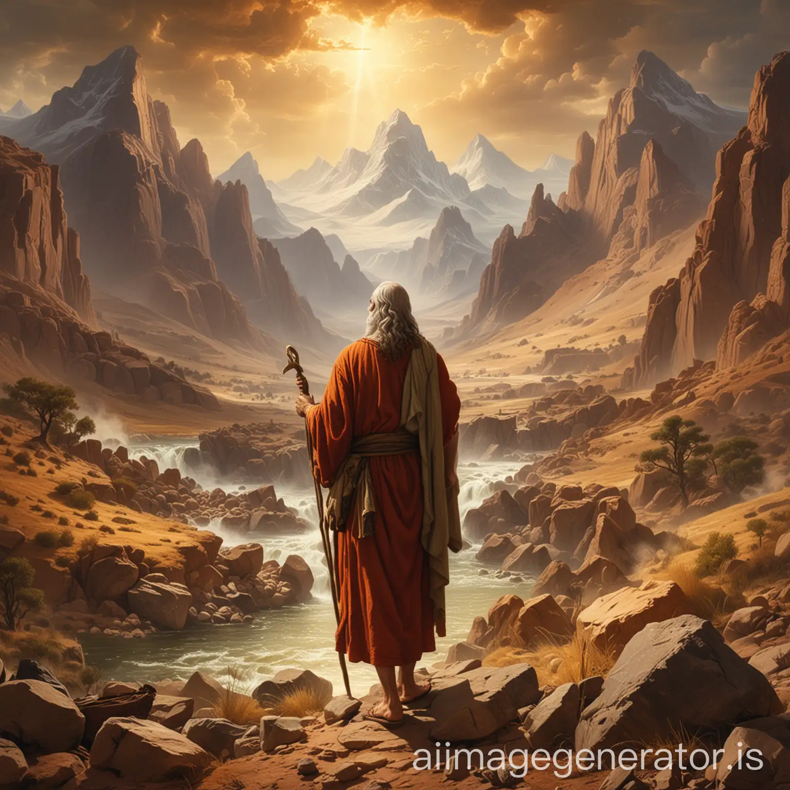 Moses in the wilderness with mountains, warm picture
