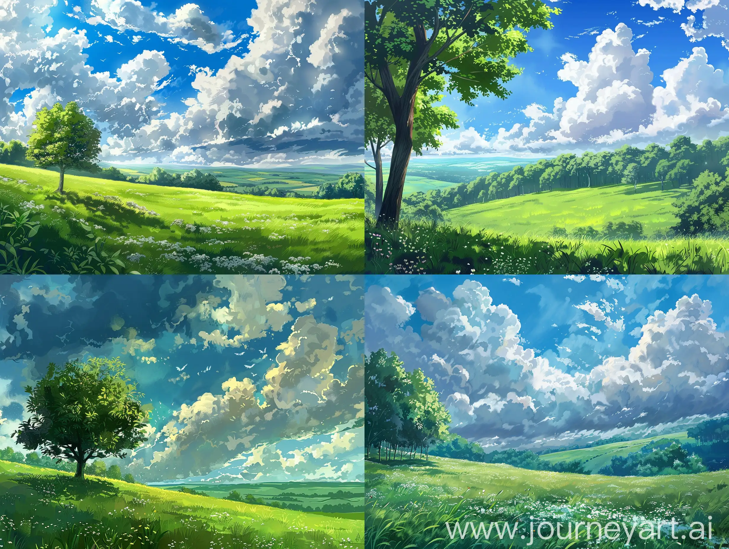 Anime landscape, clouds, green grass, trees