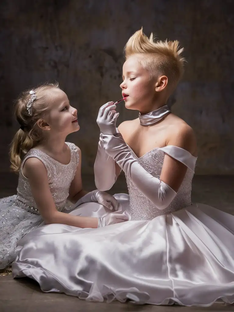 (((Gender role reversal))) Full-body photograph, a cute transgender polish boy, 11 years old, white pale skin, short smart golden hair spiked up and shaved on the sides, the boy is adorned in a beautiful elegant white ballroom gown with long silvery white gloves and a neck band and he is sitting on the floor doing his lipstick, the boy’s sister, a 7-year-old girl is sitting next to the boy watching him supportively, perfect faces, perfect eyes, perfect noses