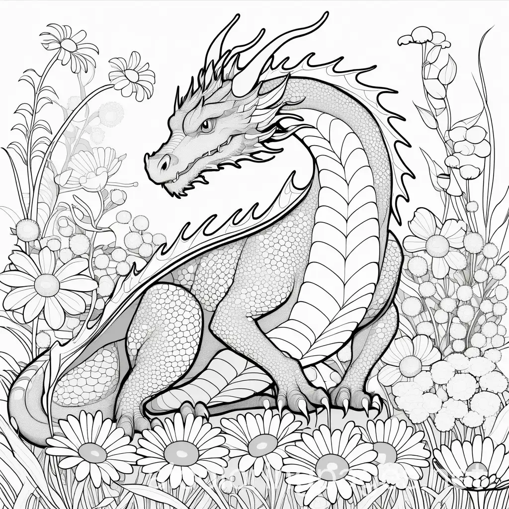 simple dragon in a field of daisys
, Coloring Page, black and white, line art, white background, Simplicity, Ample White Space. The background of the coloring page is plain white to make it easy for young children to color within the lines. The outlines of all the subjects are easy to distinguish, making it simple for kids to color without too much difficulty