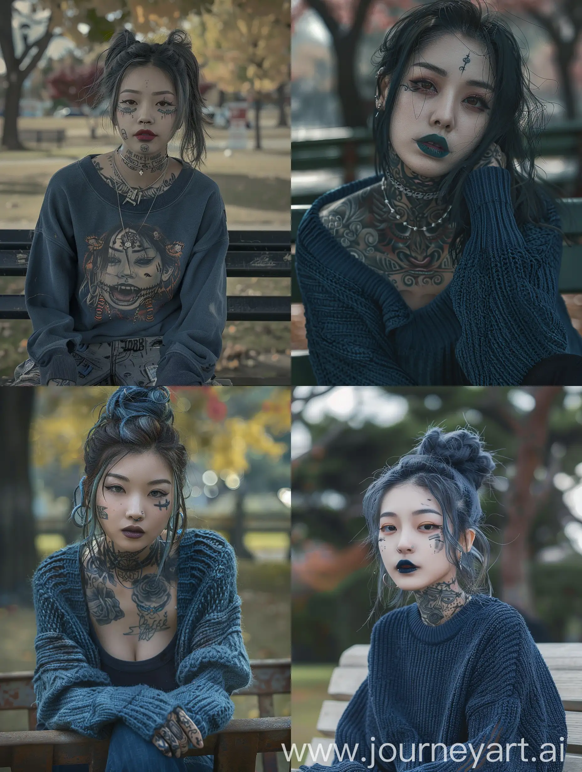 korean woman, punk, heavily tattooed, tattooed monobrow,, homemade crooked tattoos, blurry faded tattoos, dark gray tattooed lips, punk goth, wearing dirty blue sweater, disheveled unkempt hair, sitting on park bench, tired smile, looking at viewer, photo photorealistic