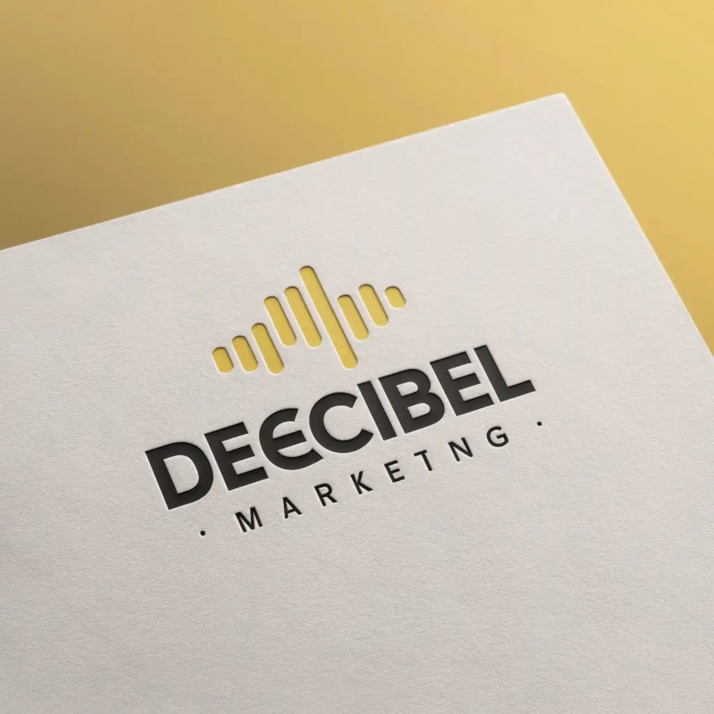 a logo design,with the text "DECIBEL MARKETING", main symbol:the logo is clean and minimalist. this logo should include audio, voice, or music theme. preferred color bright. must be logo in the white paper mockup,Moderate,clear background