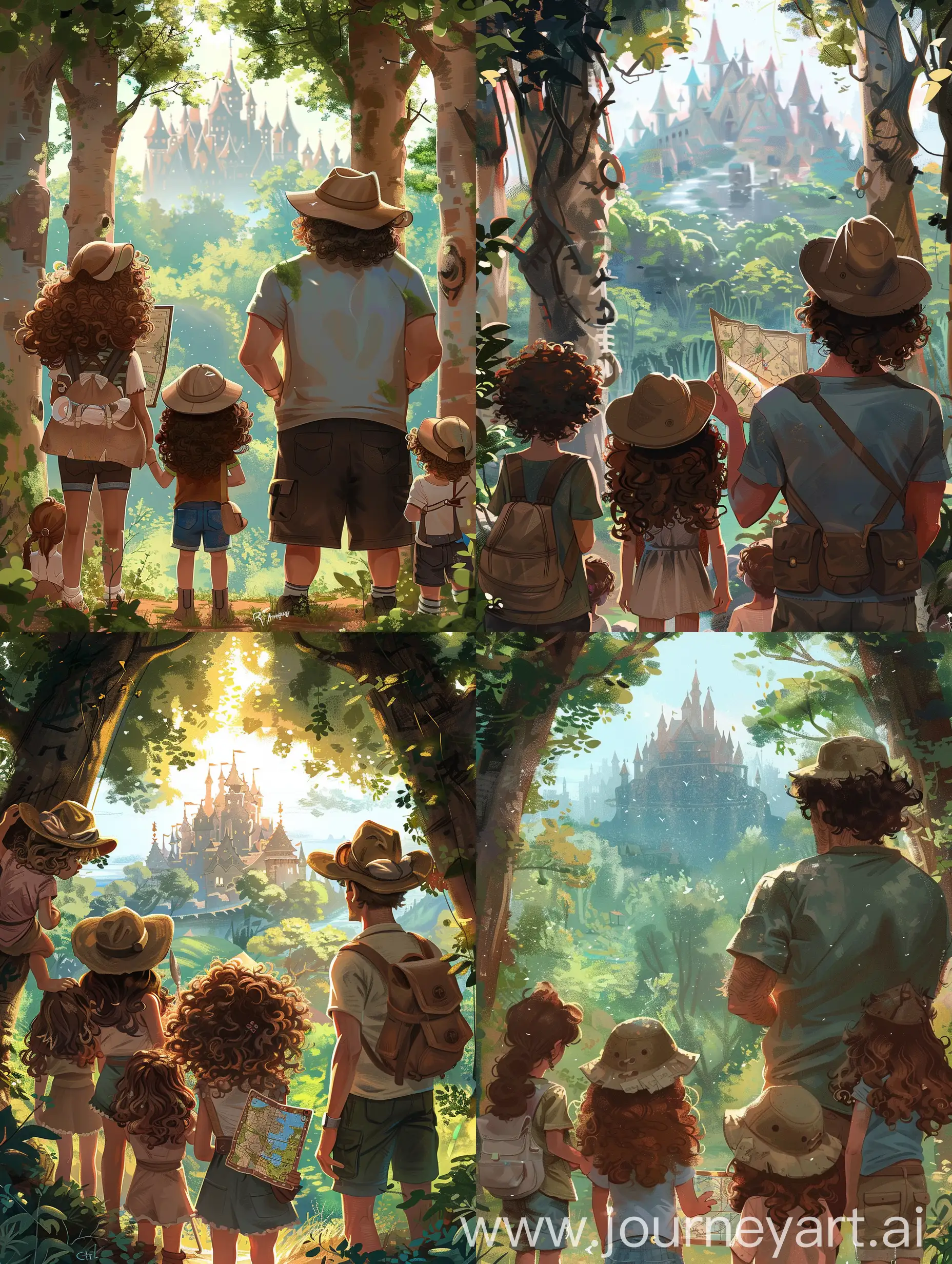a little girl with brown curly hair, with a camping hat on her head and a map in her hand, standing next to her father who is wearing a camping hat on his head, with 2 little girls and 1 little boy who also are wearing a camping hat on their heads, looking through the trees to a big kingdom far away, only their backs are shown and all of them are next to each other, amazing digital illustration 