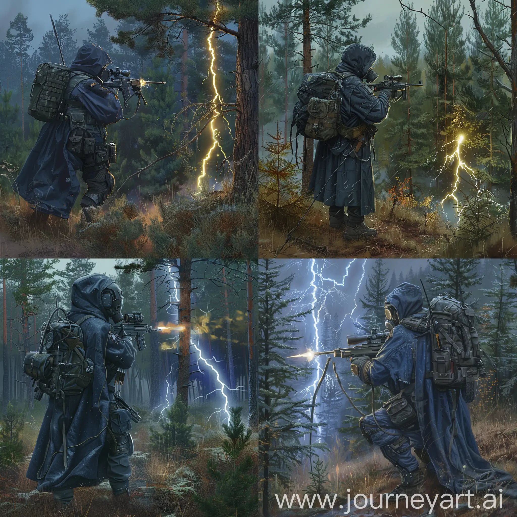 Art mercenary from the universe of S.T.A.L.K.E.R., a mercenary dressed in a dark blue military cloak, gray military armor on his body, a gas mask on his face, a small military backpack on his back, he holds a sniper rifle,  a mercenary It stands in a remote overgrown pine forest next to a large electrical anomaly that illuminates everything around, the weather is gloomy autumn, evening.