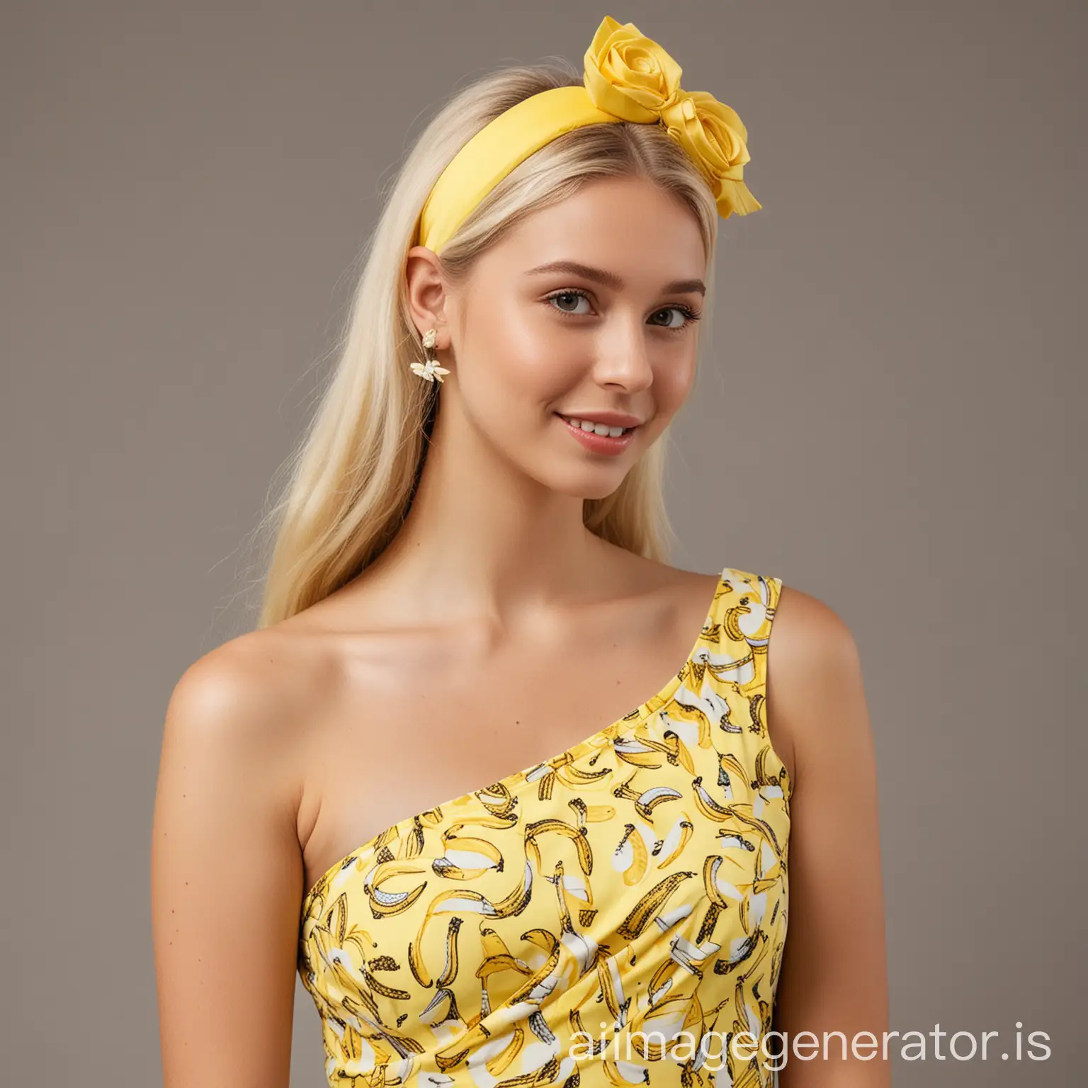 A beautiful blonde girl wearing a banana inspired one shoulder dress with hair accessories