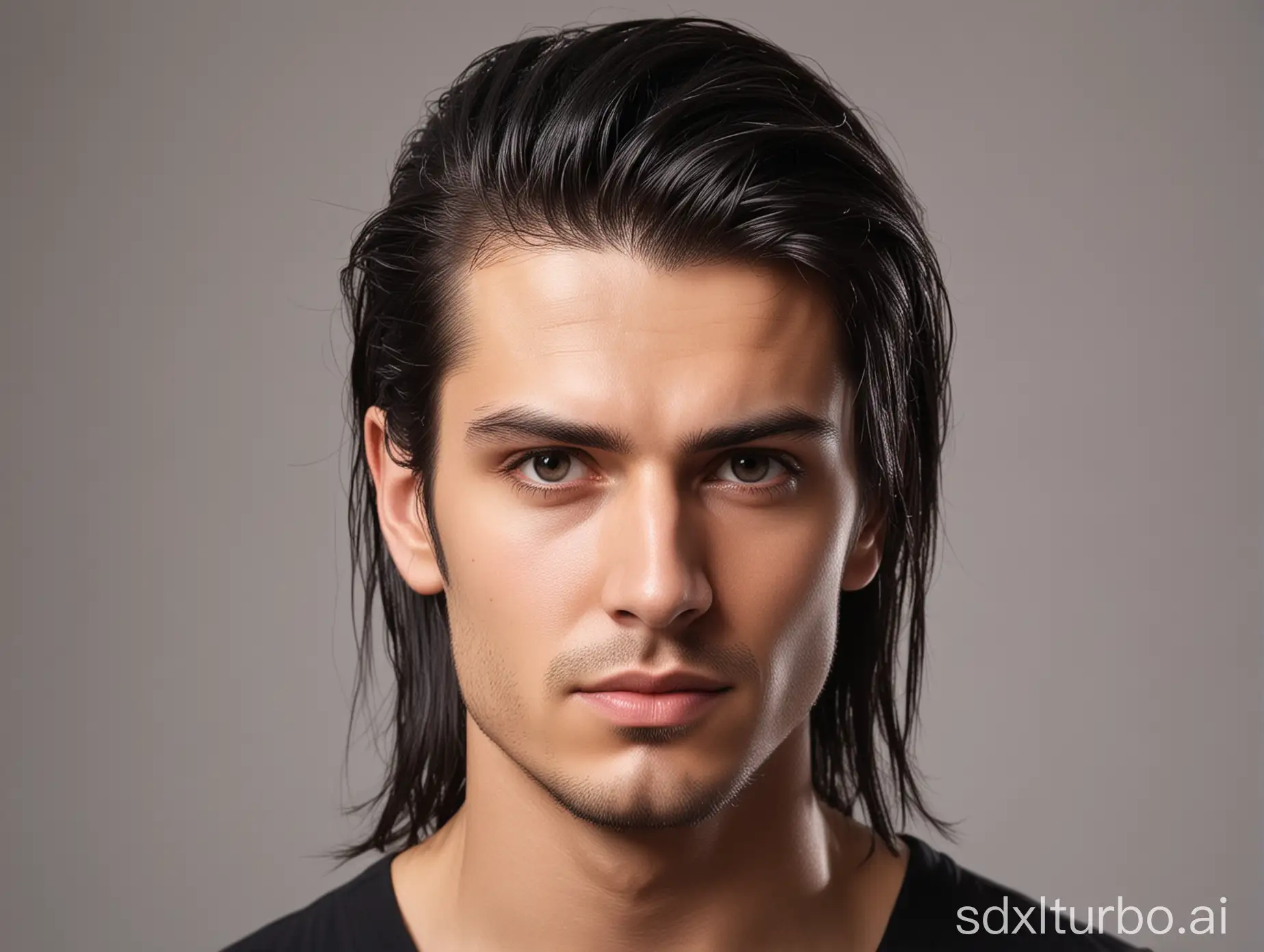 male hair pulle back, shiny, black, long hair, pulled back, front angle, looking straight to camera