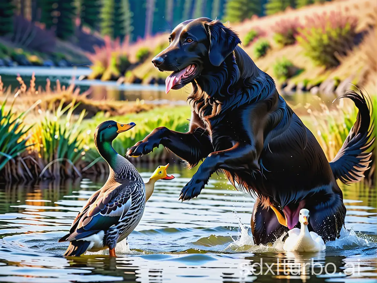 A five-year-old Flat Coated Retriever brings a duck out of the mountain lake
