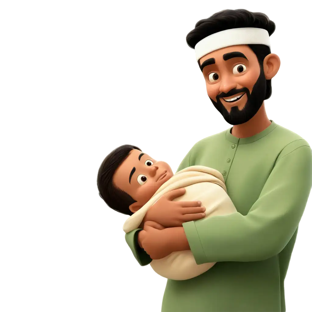 a islamic cartoon 
man with his new born baby
