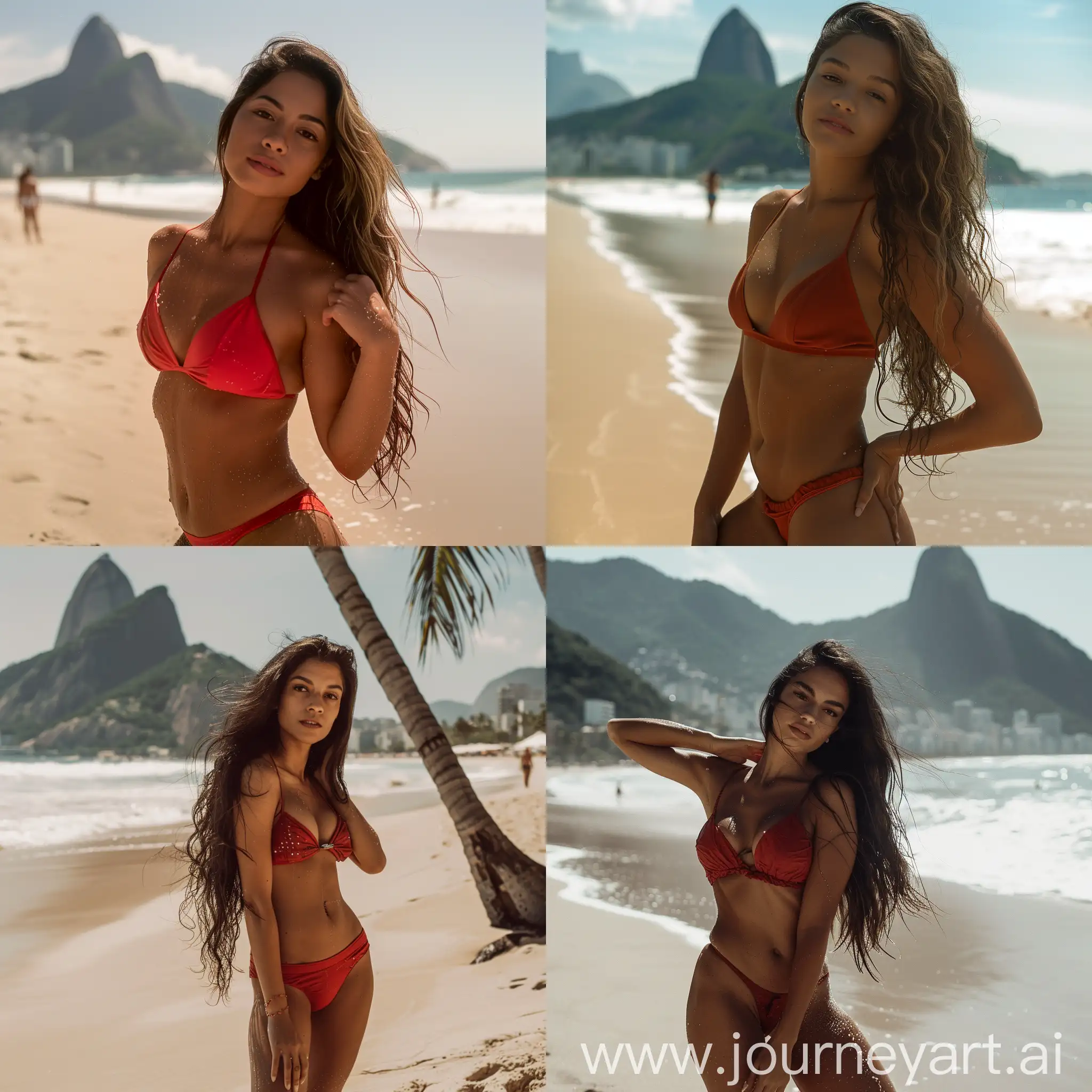 A Latina woman with slightly tan skin, long loose hair, with a stylish and attractive appearance, in a beach setting in Rio de Janeiro, the image should be very realistic, capturing the model's natural beauty and the stunning beach scenery, she is posing standing up, with one leg slightly bent, one hand on her waist, and the other playing with a strand of hair, her gaze is captivating, looking at the camera, with a soft smile on her lips, she is wearing a red bikini that accentuates her curves, highlighting her slender and toned silhouette, the sunlight shines on her skin, creating a luminous effect that makes her stand out even more, in the background, we see the white sand of the beach, the crystal blue sea, and the iconic Sugarloaf Mountain in the distance, some palm trees gently swaying in the breeze, and there is a slight impression of people enjoying the day in the background, keeping the main focus on the model, additional details to make the image more realistic, the texture of the sand under her feet, small drops of water on her skin, as if she had just come out of the sea, light reflections in her hair, natural shadows created by the sunlight.