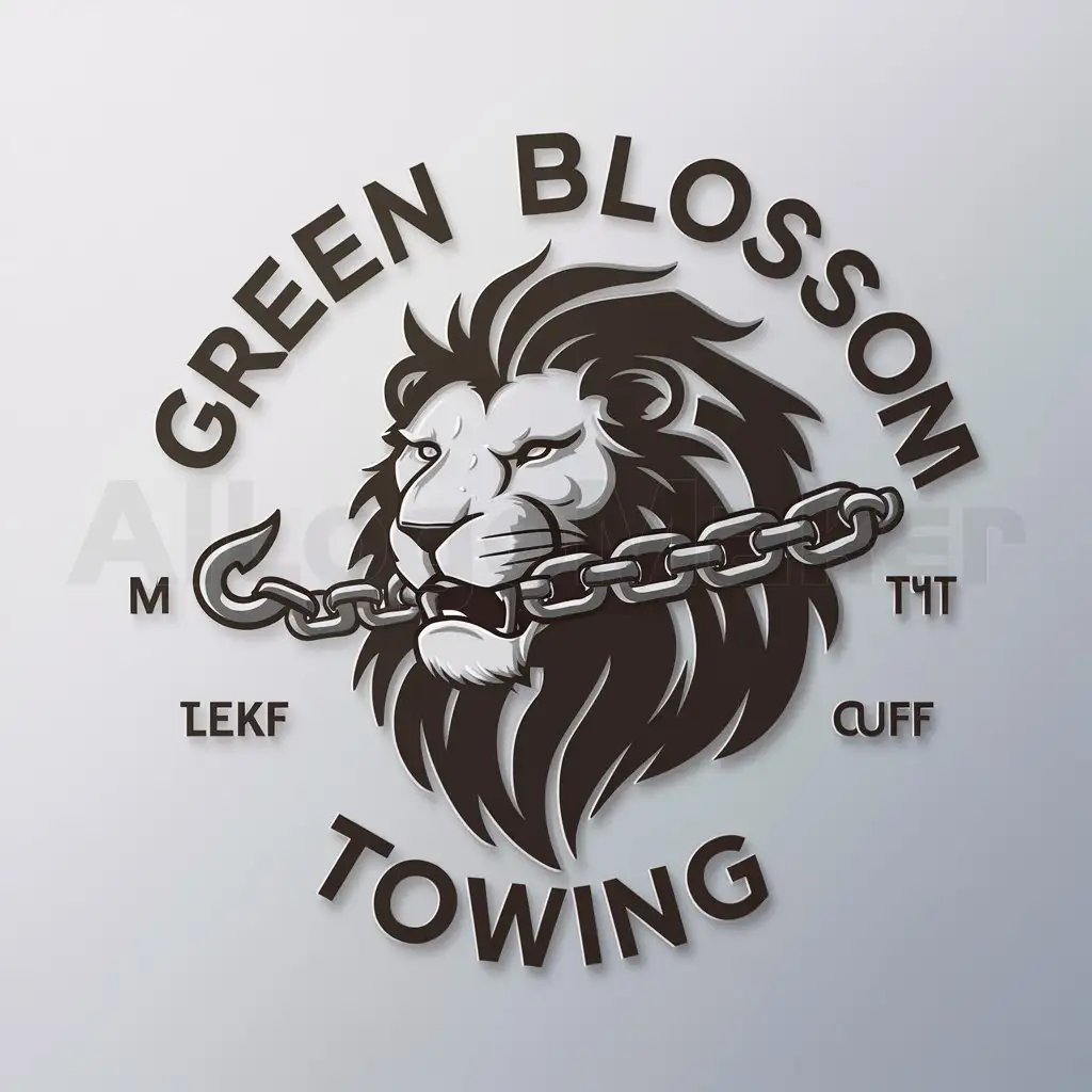 a logo design,with the text "Green Blossom Towing", main symbol:Lion, chain in mouth with a hook,complex,be used in Automotive industry,clear background