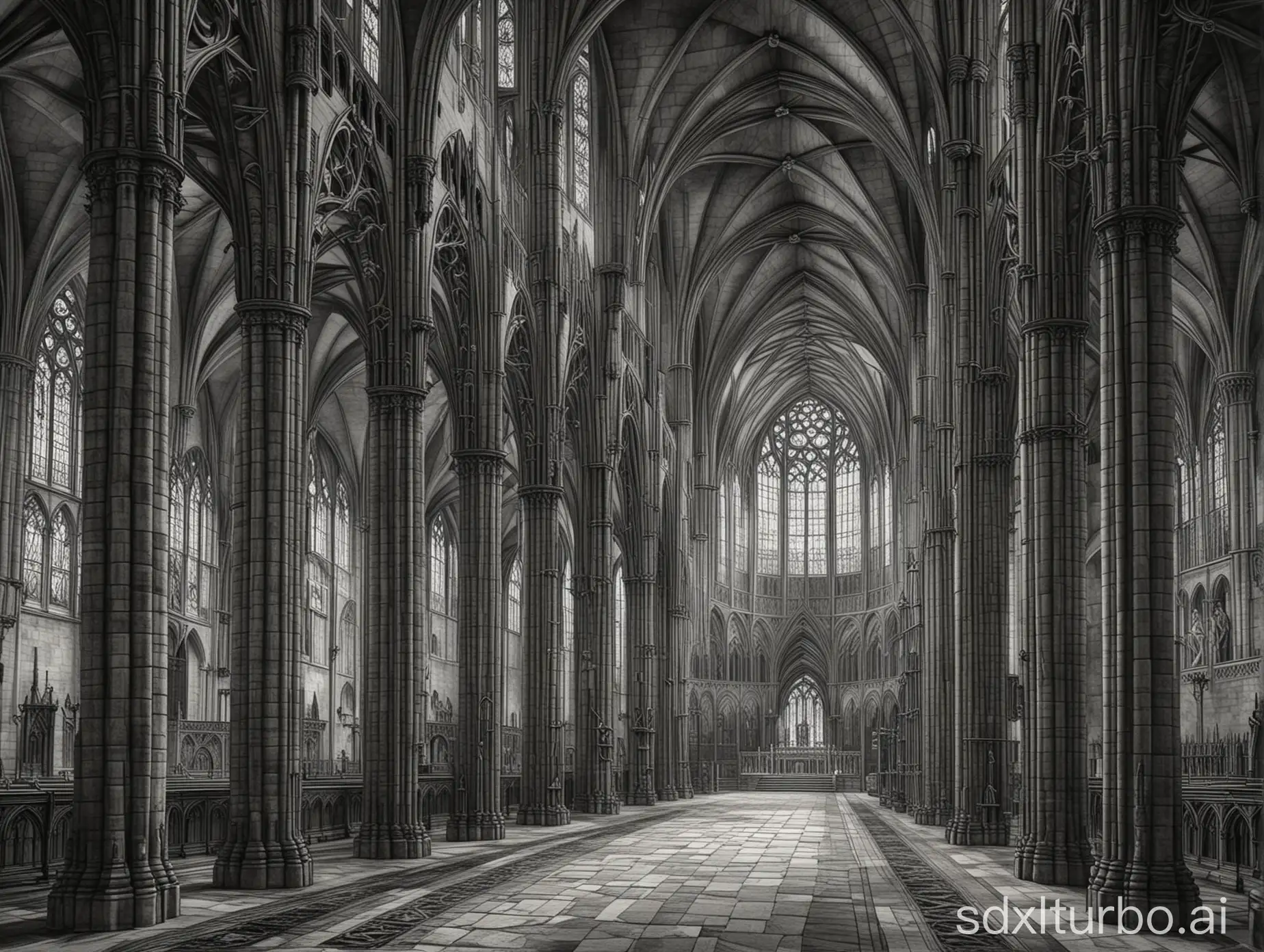 cathédrale gothique, dessin au crayon épais, lignes épurées, pas de détails, seulement les contours et les formes, hyper résolution, 8k