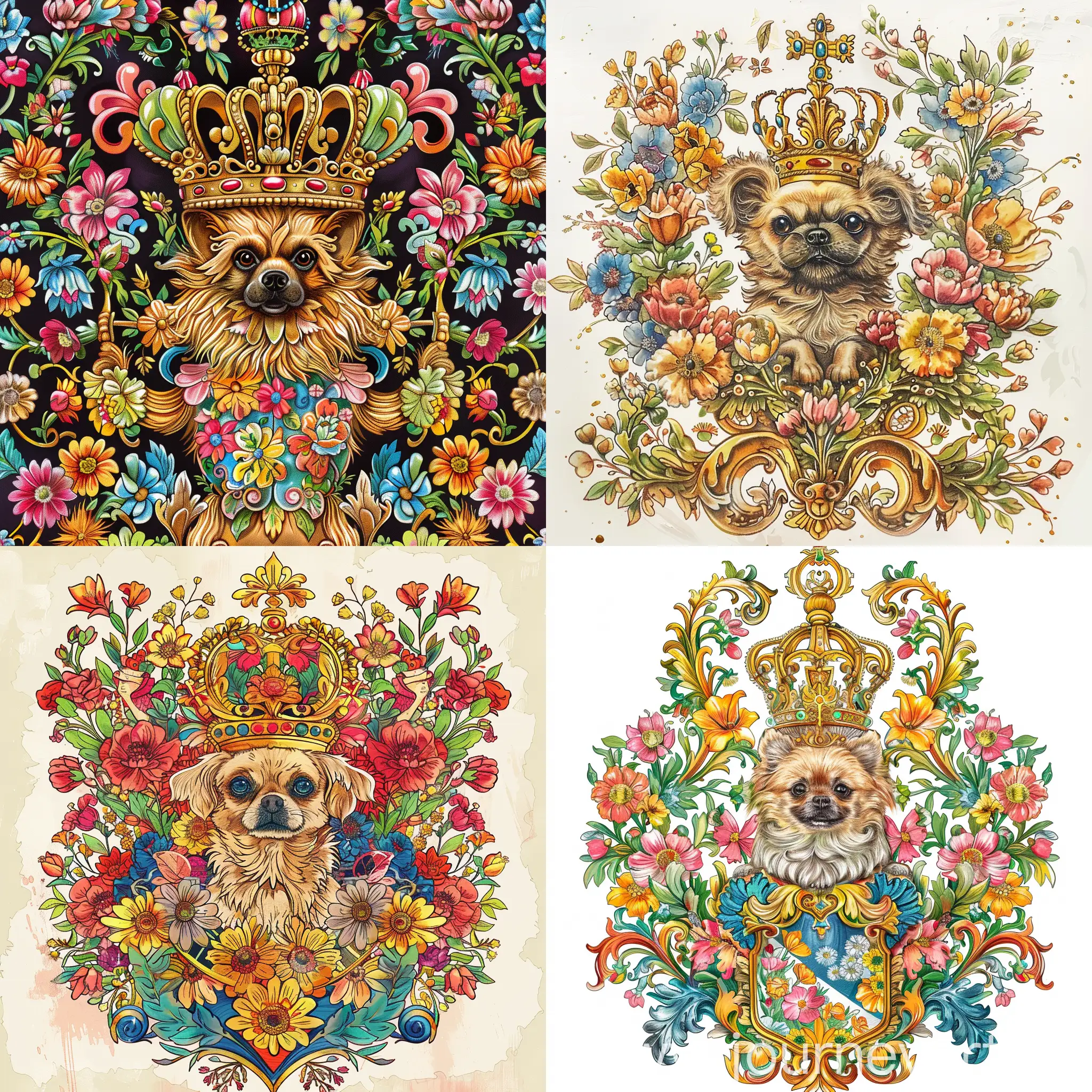 Russian-Style-Coat-of-Arms-with-Pekingese-Dog-and-Golden-Crown-Surrounded-by-Flowers