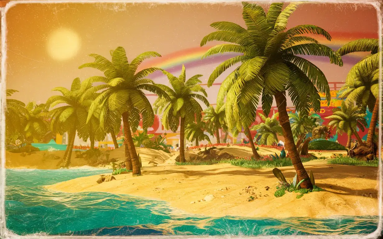 background with palms and beach 80s style landscape